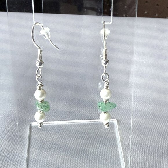 Handmade Sterling Silver Dangle Earrings- Aventurine Pearl Minimalist - Picture 1 of 6
